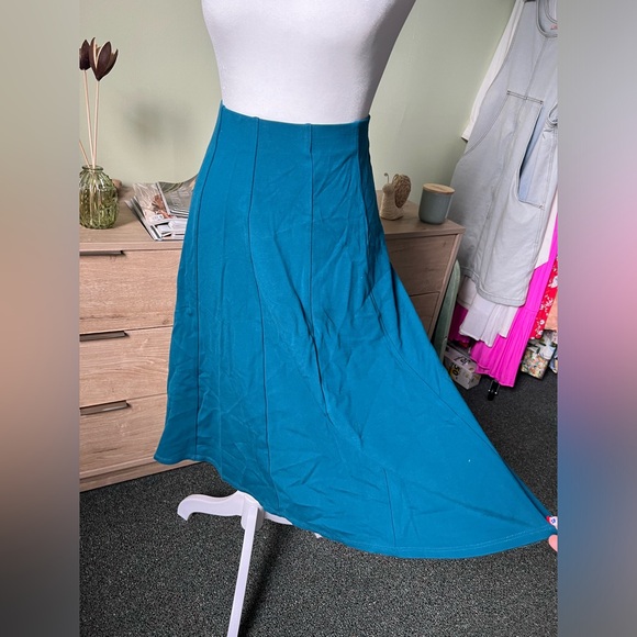Torquoise Blue Green Midi Knee-Length Panel Pleated Stretch Full Circle Skirt M - Picture 9 of 15